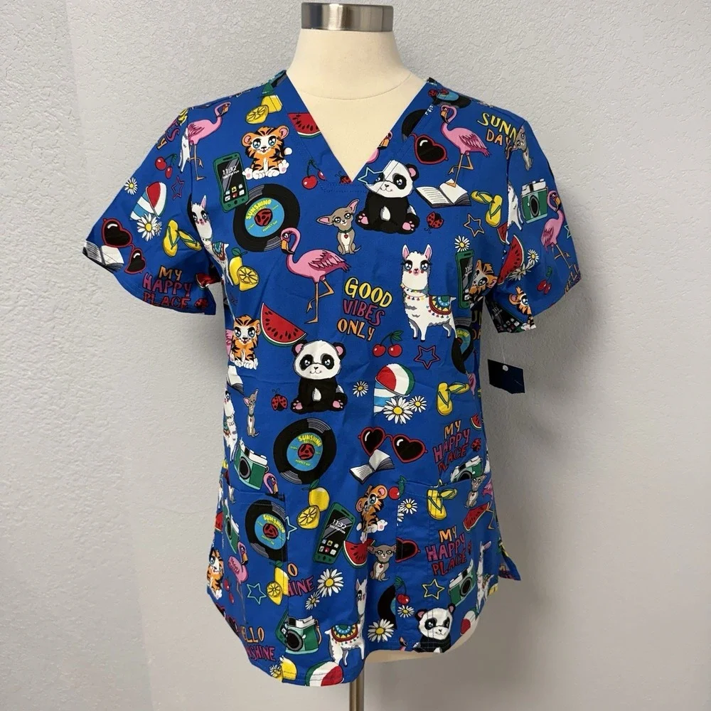 NWT Cherokee Happy Vibes Scrub Top M Panda Llama On Royal Blue Scrubs Nurse RN - Picture 1 of 8